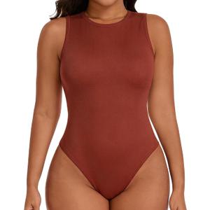 TROPICA LOVE Women's Shapewear Bodysuit Double Lined Tummy Control Compression Body Shaper Crew Neck Sleeveless Thong Top (Brown, XL)