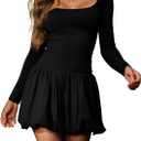 HYPERFIRE Women's Elegant Long Sleeve Scoop Neck Puff Bubble Mini Cocktail Dress Party Club (Black, XS)