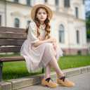 PANDANINJIA Girls Dress Shoes Ballet Flats Mary Jane Elastic Cross Strap Little Big Kid Low Heels Flower Girl Shoes (Brown Pu)