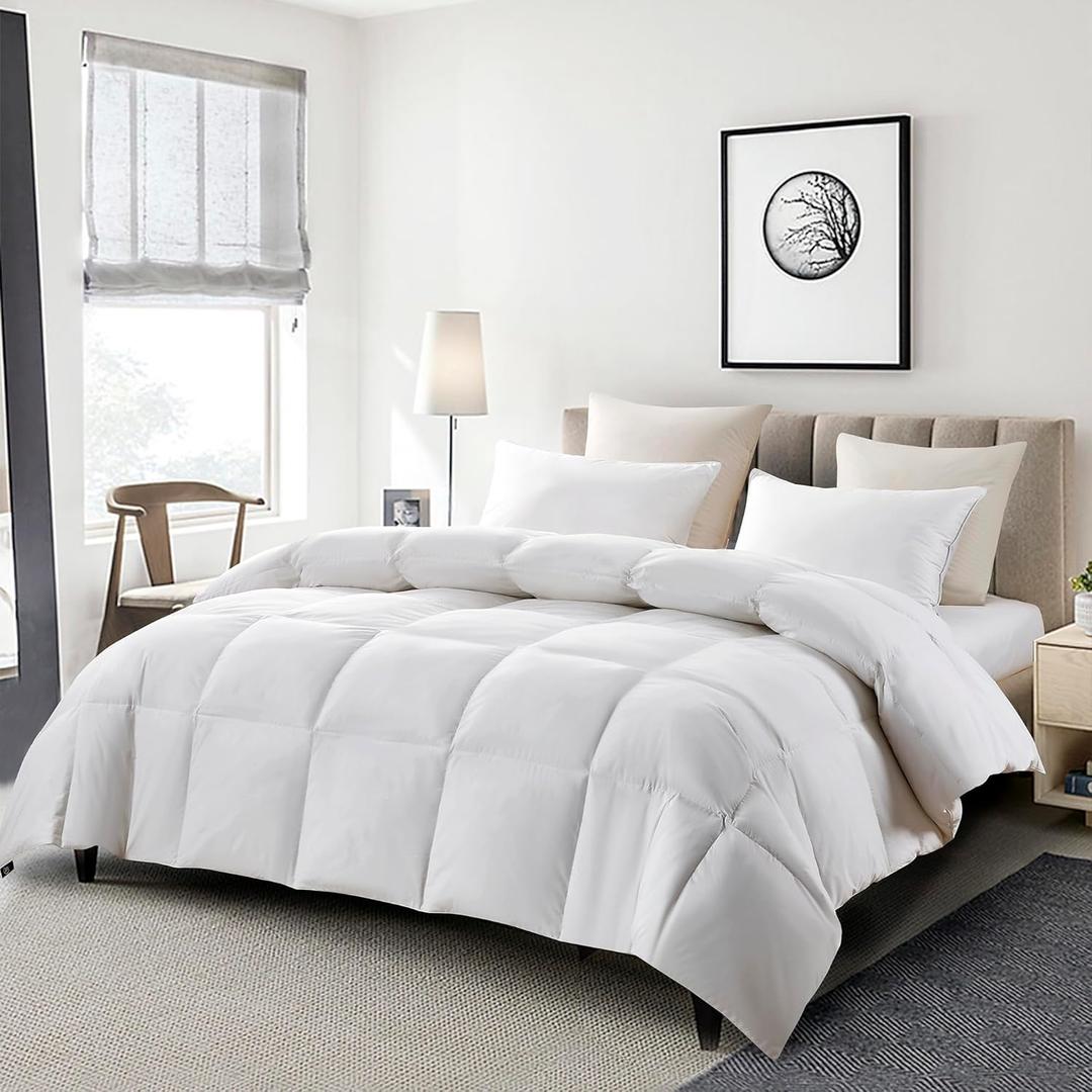 Serta Goose Feather Down Fiber Cotton Comforter King Size - 100% Cotton Duvet Insert - Hotel Luxury Hypoallergenic Bedding Comforter All Season Medium Warmth 106 x 90 Inch White (King)