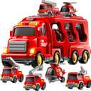 Fire Truck Toys for Toddler 1-3 3-5, 5-in-1 Fire Car Carrier Vehicle Set for Girls 1 2 3 4 5 6 Years Old, Transport Car with Light Sound, Birthdays Gifts for Kids Girls Aged 3-9