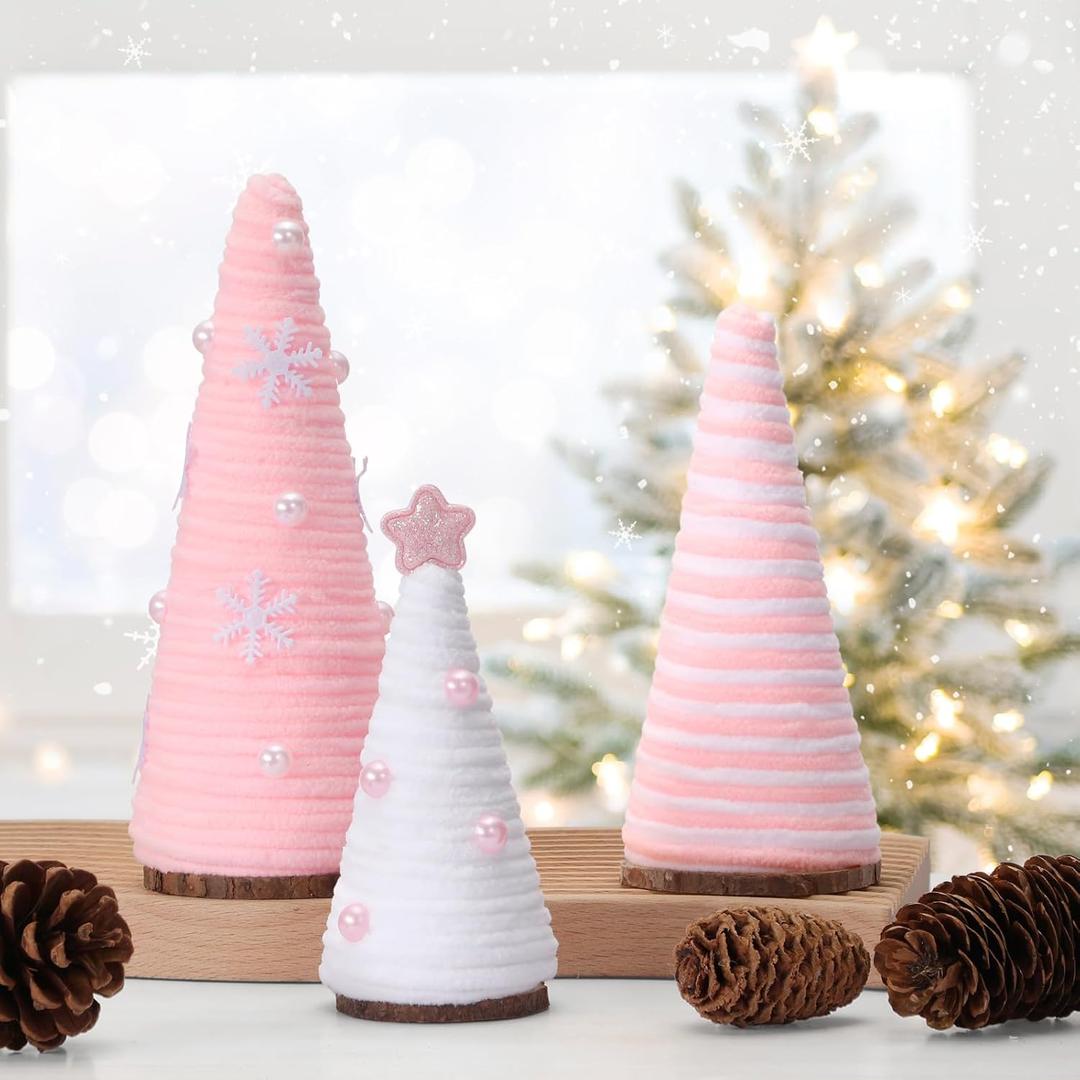 Pink and White Christmas Table Decorations Cute Mini Yarn Christmas Trees Centerpieces Farmhouse Decor Ornaments for Indoor Fireplace Bedroom Kitchen Home Tiered Tray Decor Gift for Women 3 PCS Wooden