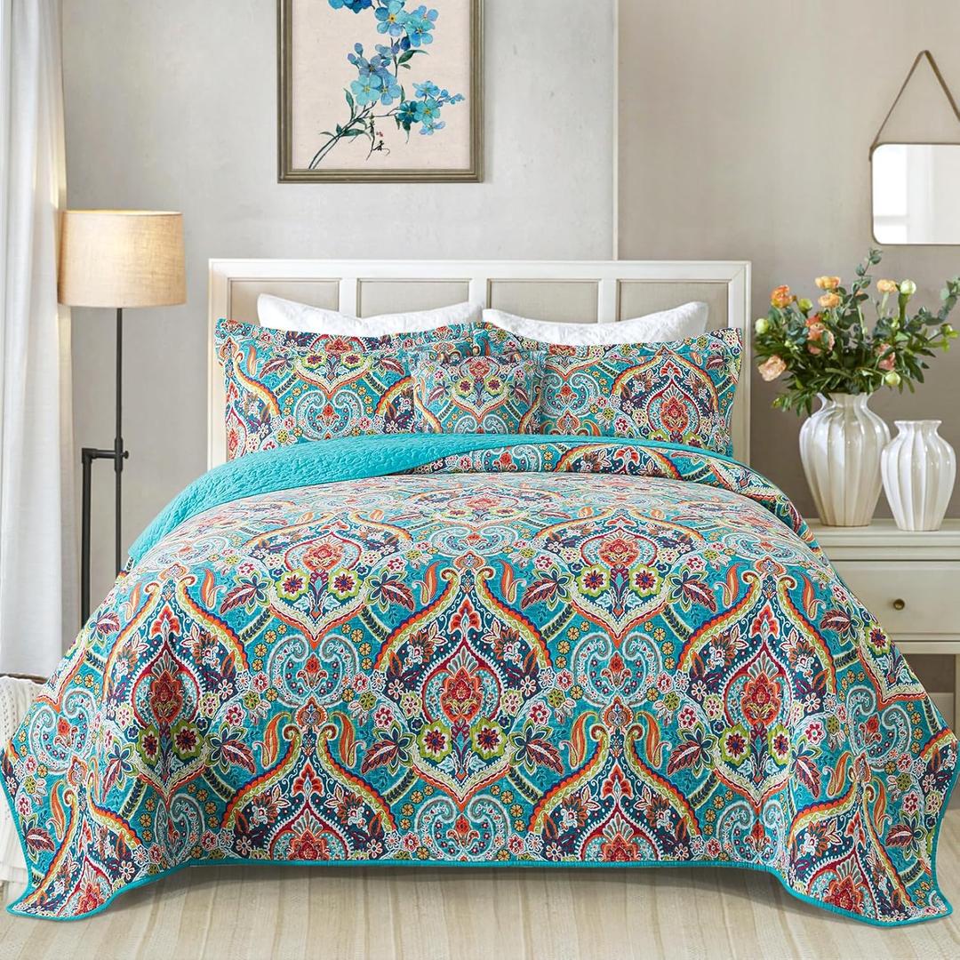 VAPUTAR Quilt King Bedding Set - Soft Cotton Quilts with Paisley Floral Pattern - Lightweight Reversible Bedspreads for Farmhouse (3 Pieces, Bright Teal) (King (98"  106"))
