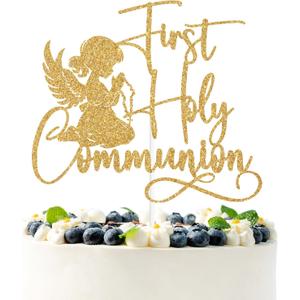 3 x Gold Glitter First Holy Communion Cake Topper, First Confiamtion Spanish Baptism Baby Girls Cross Dcor, Religious Christening Wedding Enagement Party Decorations Supplies