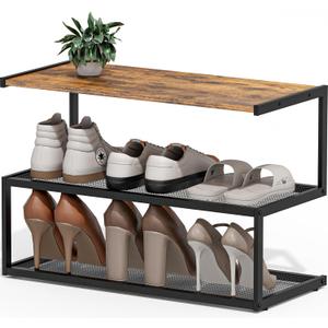 Shoe Rack, Unique 5-Shaped Free Standing Shoe Shelf, 3-Tier Wooden Shoe Organizer with Wooden Top and Steel Frame for Front Door Entrance, Entryway, Hallway, 24.41" D x 11.02" W x 16.14" H
