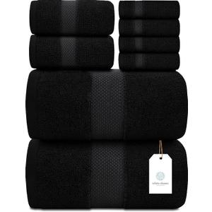 White Classic Luxury Bath Towel Set of 8 Pieces - 100% Turkish Cotton Highly Absorbent Towels for Bathroom, 2 Luxury Bath Towels 700GSM, 2 Hand Towels, 4 Washcloths, Black