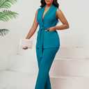 Kafiloe Pant Suits for Women Dressy Belted Sleeveless Vest Blazer Sets 2 Piece Business Casual Outfit (Blue, XL)