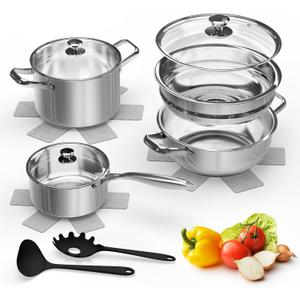 Stainless Steel Cookware Set,12-Piece Pots and Pans Set Non Toxic,Kitchen Cookware Set,Glass Lids,With 3 pot holders and 2 spoons,Oven & Dishwasher Safe