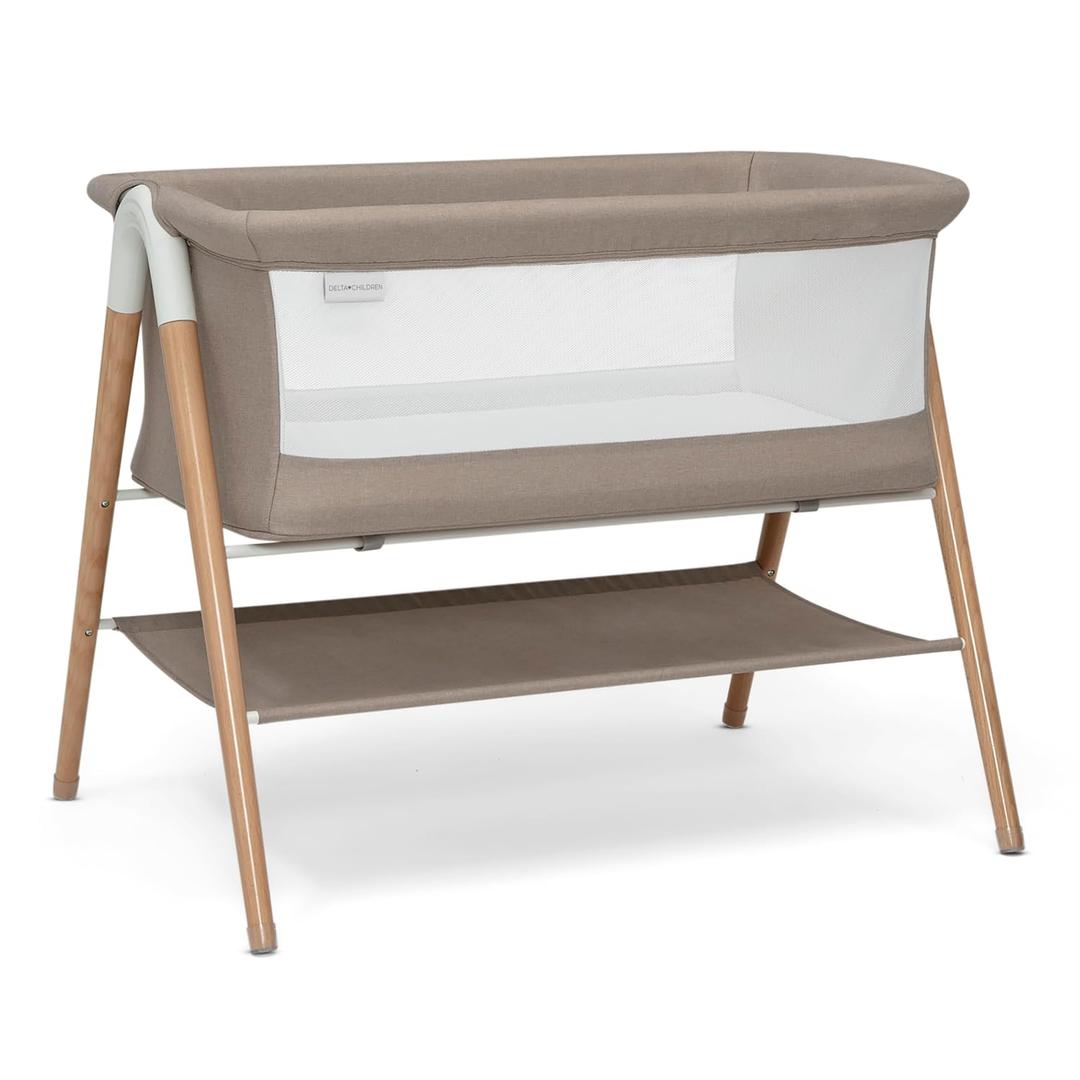 Delta Children Bondi Beechwood By The Bed Bassinet with PureAir Breathable Mesh Sheet and FSC-Certified Wood, Tan