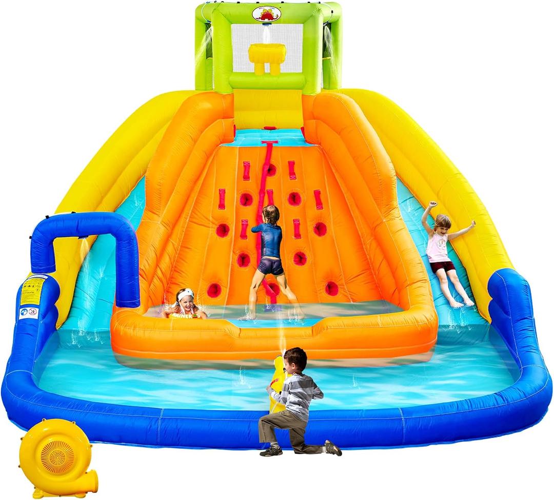 WELLFUNTIME Inflatable Water Slide, Bounce House with Water Bucket, Deep Pool, Climbing Wall with Rope, Bouncy Castle with Air Blower, 164 X 146 X 105 Inches