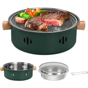 Portable Charcoal Barbecue Grill, 1pc Mini BBQ Grill Multifunctional Charcoal Grill Smokeless Round Tabletop Charcoal Grill for Indoor Outdoor Cooking Home Party Picnic Camping (Green)