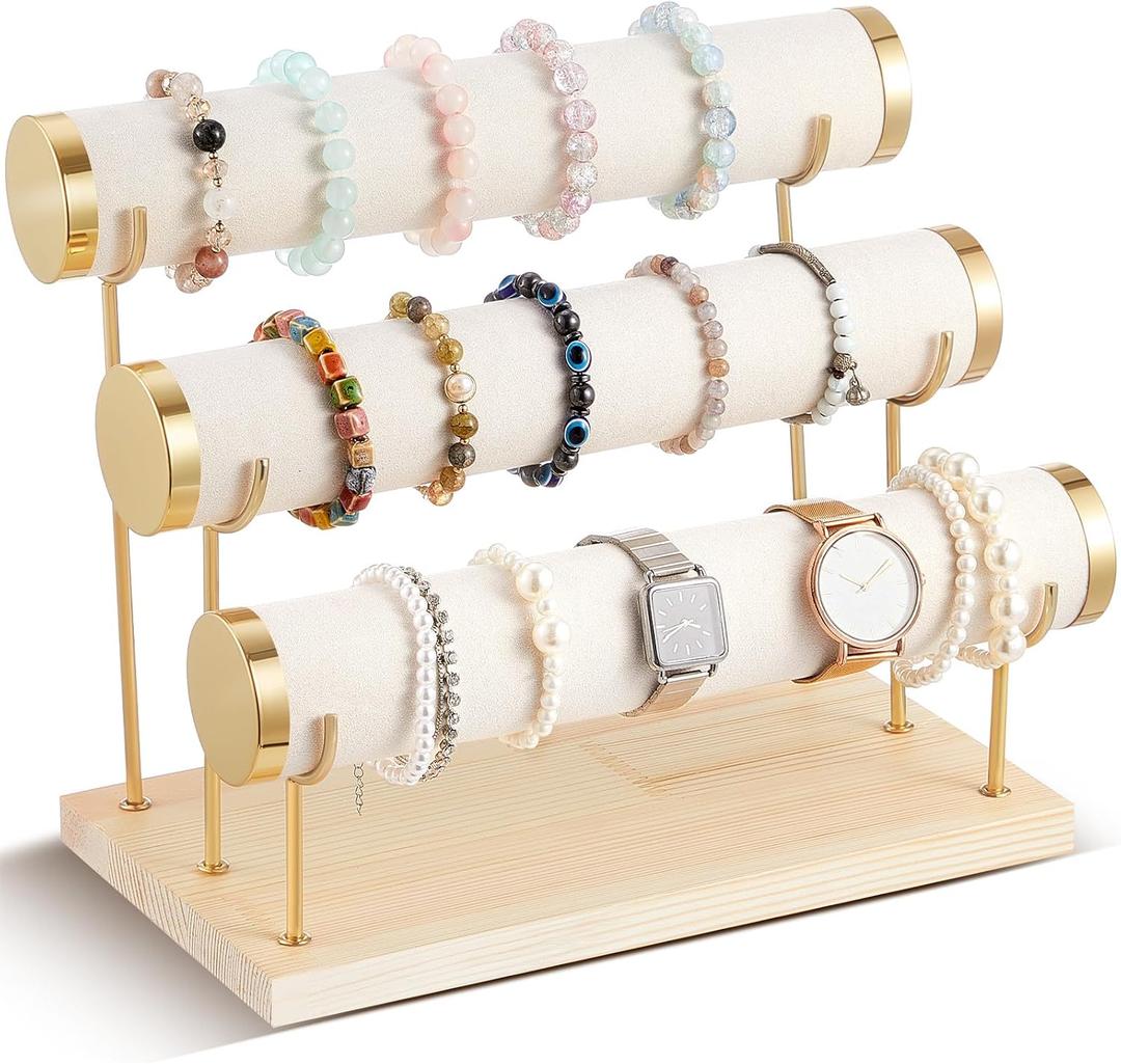Wenqik 3 Tier Detachable Bracelet Holder Bracelet Display Stand Beige Velvet Jewelry Organizer Displays for Bangles Necklace Watches Scrunchies Hair Ties (Beige)