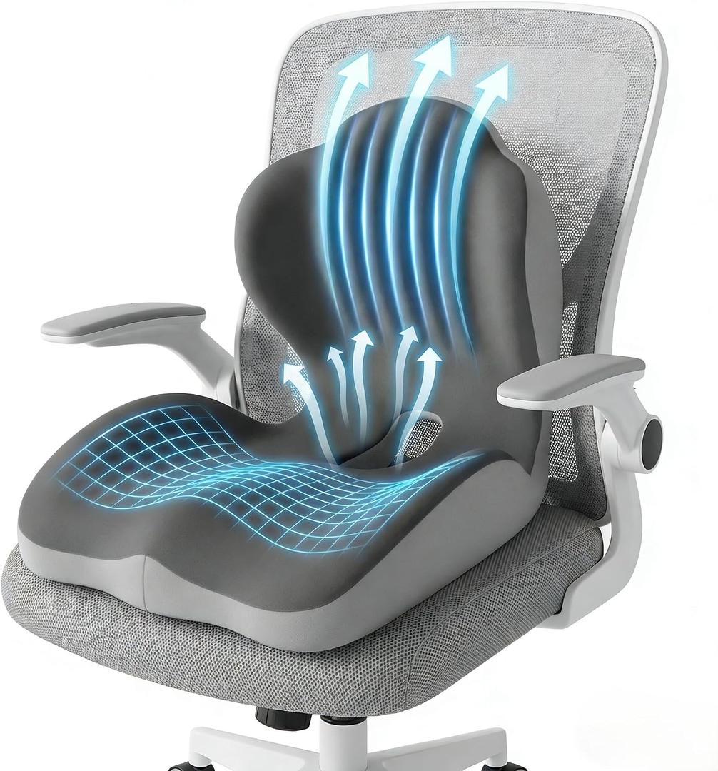 Ergonomic Seat Memory Foam Support Cushion for Back, Car Seat Back Support Cushion for Sciatica Tailbone Pain, Office Desk Chair Car Travel Seat Cushion (Grey)