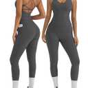 OMKAGI 2 Piece Workout Sets for Women Padded Workout Tops Booty Leggings with Pockets Gym Sets (Gray, M)