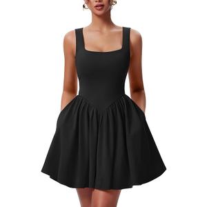 YMDUCH Women's Summer Sleeveless Square Neck A-line Ruffle Hem Mini Tank Dress with Pockets, Size XL
