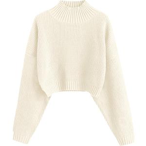 ZAFUL Women's Cropped Turtleneck Sweater Lantern Sleeve Ribbed Knit Pullover Sweater Jumper (0-white) S