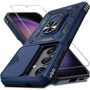 Janmitta Compatible with Samsung Galaxy S25 Plus/S24 Plus Case Built in Slide Camera Lens Cover+Screen Protector+Finger Ring Holder Kickstand,Heavy Duty Shockproof Full Body Phone Cover,Blue