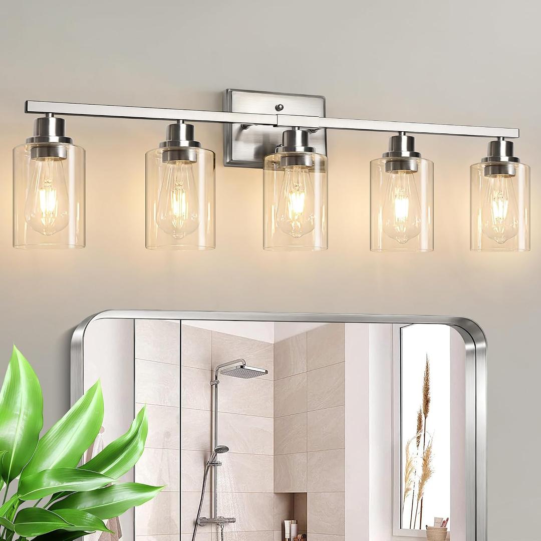 Unicozin Modern Bathroom Light Fixtures, 5 Light Vanity Lights Over Mirror, Brushed Nickel Wall Lamp with Clear Glass for Living Room Cabinet Bedroom Porch  Brushed Nickel, 5 Light