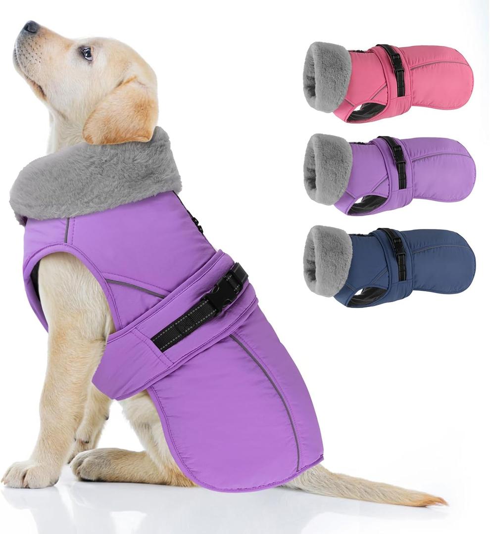 PETDSH Dog Coat, Windproof Dog Jacket with Warm Fleece Lining, Thickened Collar Dogs Winter Coat, Adjustable Reflective Pet Coats for Cold Weather (Purple, Small)