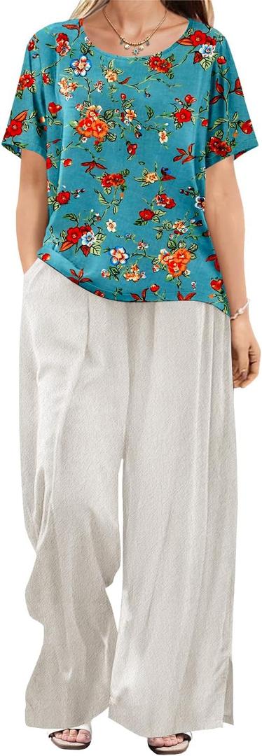 YESNO Women's Casual T-Shirt Summer Short Sleeve Loose Fit Tops Crew Neck Side Slits Tees BEC M