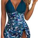 SUUKSESS Women One Piece Swim Dress Tummy Control Swimsuit Tie Knot Bathing Suit (Large, Blue Floral)