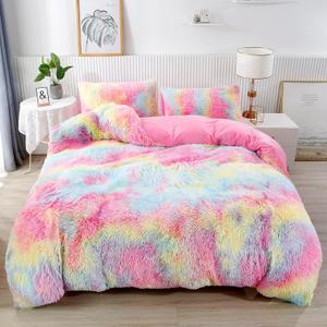 RYNGHIPY 3Pcs Rainbow Girls Bedding Sets Twin Size Ultra Soft Long Hair Plush Shaggy Duvet Cover with Pillowcases Colorful Tie Dye Bedding Set with Hidden Zipper Closure (Colorful Pink,Twin)