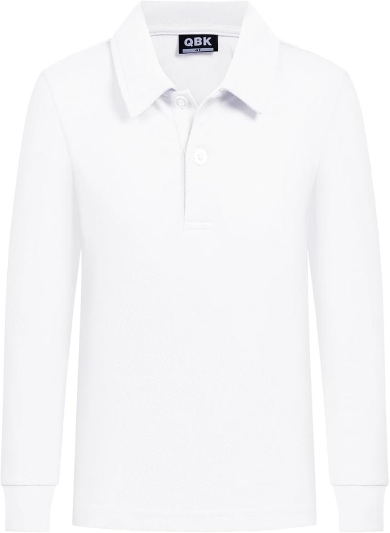 QBK Toddler to Youth Boys' School Uniform Pique Polo Shirts Kids Long Sleeve Collared Golf Shirt (12 Years, White)