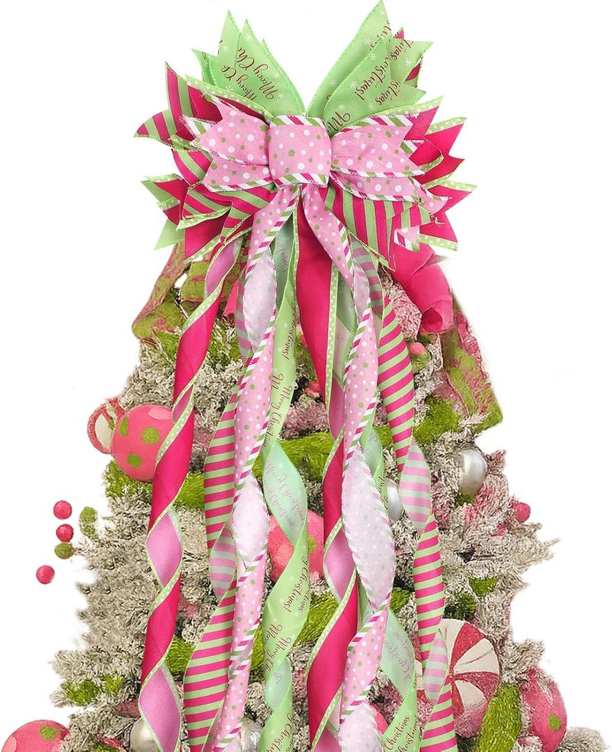 Green and Pink Christmas Tree Topper Wreath Bow Large Christmas Bow Pink Tree Topper for Xmas Ornament Family Wedding Thanksgiving Indoor Outdoor Decoration 44.9 x 11.8 Inch