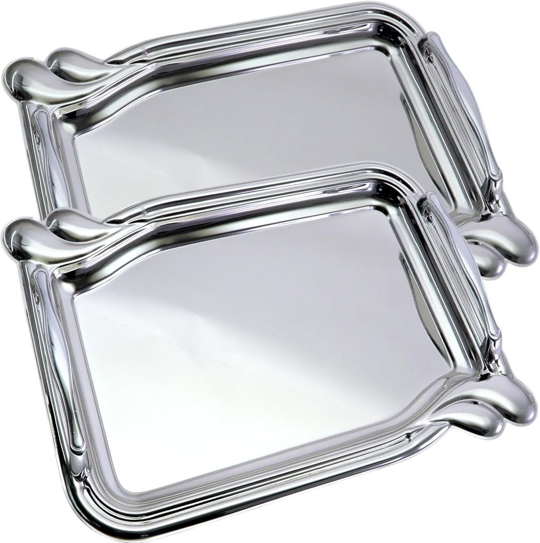 (Pack of 2) 13.2 inch x 9.4 inch Oblong Chrome Plated Silver Mirror Serving Tray with Handles Simple Plain Floral Edge Party Dessert Decorative Decor Platter Plate Dish Base CC-1363
