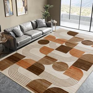 Large Machine Washable 5x7 Area Rug, Soft Modern Geometric Abstract Orange Rugs for Bedroom Living Room, Non-Shedding Faux Wool Indoor Throw Floor Carpet for Office Entryway Dining Room Decor