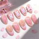 Easter Pink Cute Bunny Teens Press On Nails Medium Almond Fake Nails for Girls With 3D Flower Bow Tie. French Tip Acrylic False Nails, Salon-Quality Reusable Nails for Women(No Glue Included)
