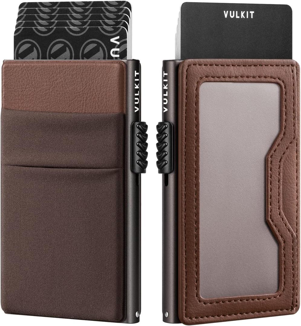 VULKIT Minimalist Wallet with ID Window & EDC Pocket Pop Up Card Holder RFID Blocking Slim Wallet Design for Airtag Cash Coins & Credit Cards (Espresso)