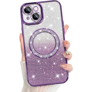 Bonoma Compatible with iPhone 15 Case Support for MagSafe, Plating Diamond Glitter Magnetic 2* Screen Protector Camera Protection Back Cover for Girls Women -Purple