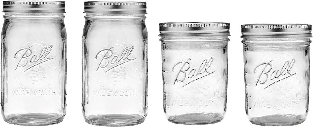 Ball Mason Wide Mouth Jars with Lids and Bands, Set of 4, Two 32oz + Two 16oz Jars (Bundle Pack)