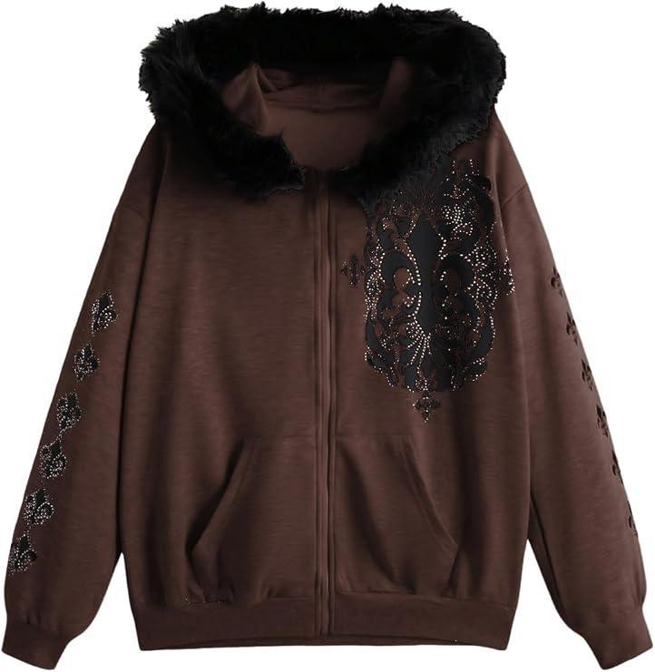 SOLY HUX Women's Zip Up Hoodie Streetwear Graphic Hoodies Y2K Jacket with Fur Collar 90s Outfits Gothic Scene Clothes, Small