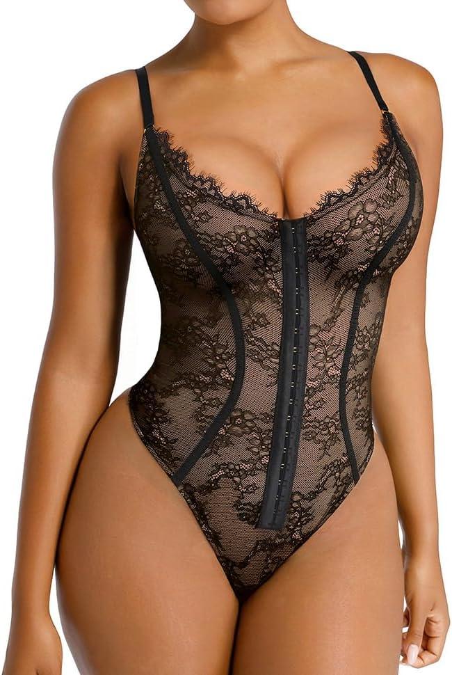 SHAPELLX Lace Bodysuit for Women Tummy Control Shapewear Backless Body Suits One Piece Body Shaper Thongs (Small, Black)