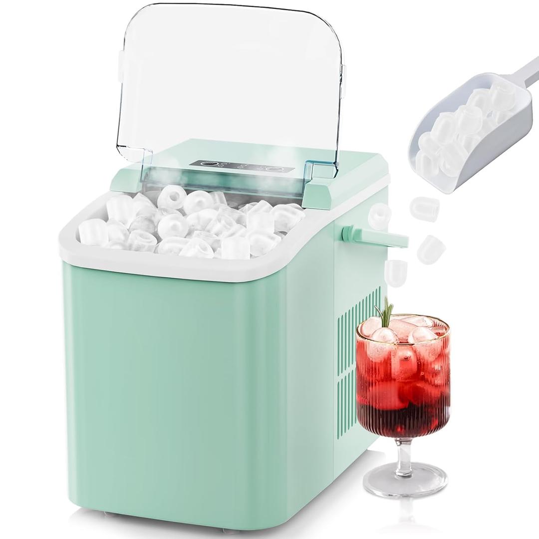 Sweetcrispy Countertop Ice Maker with Scoop, Basket and Handle, 9 Ice Cubes Machine Ready in 6 Mins, 26.5lbs in 24Hrs, 2 Sizes for Home Kitchen Office Bar Party(Green)