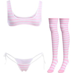 ABAFIP Women Cute Kawaii Anime Lingerie set Halter Strap Micro Bra Tiny Panty Garter Belt Striped Stockings 4Pcs Underwear (One Size, Pink - Wide Strap)