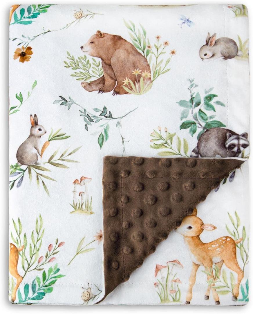 HOMRITAR Baby Blanket for Boys Girls Soft Plush Minky Blanket with Double Layer Dotted Backing for Toddler Nursery with Woodland Animals Printed 30 x 40 Inch (75 x 100 cm) (Bear)