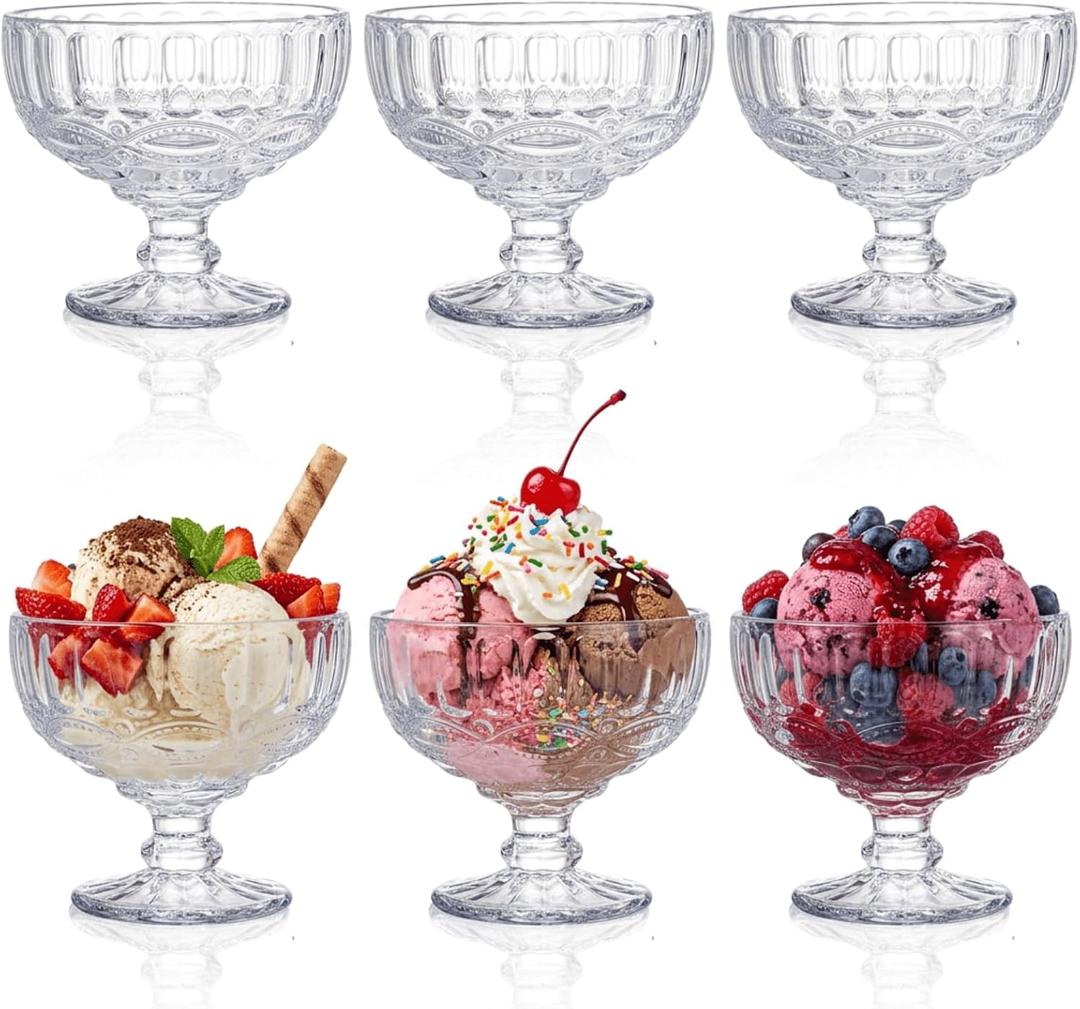 Youeon 6 Pack Vintage Embossed Glass Dessert Cups, 12oz Footed Sundae Glasses for Ice Cream, Parfait, Trifle, Fruit, Yogurt, Clear Glass Dessert Bowls for Party Serving