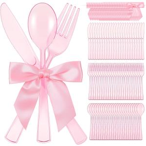 Minatee 25 Sets Pink Plastic Cutlery Set with Twist Tie Bows, Heavy Duty Tableware Disposable Pink Forks Knives and Spoons Silverware Utensils Set for Coquette Birthday Party Table Setting Picnics