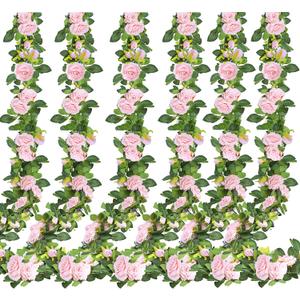 Sggvecsy 6Pcs 46.5Ft Artificial Rose Vine Fake Flower Garland Floral Garland Faux Silk Hanging Vine Rose Ivy Vines for Wedding Arch Party Wall Garden Ceremony Background Outdoor Decor (Pink)