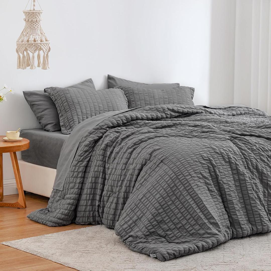 Love's cabin Seersucker Dark Grey King Size Comforter Set, 7-Piece All Season Lightweight Bed in a Bag Bedding Set with Comforter, Flat Sheet, Fitted Sheet, Pillowcases and Shams