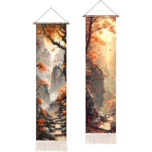 2 Pcs Mountain Tapestry,Mountain River Long Vertical Tapestry Wall Hanging,Traditional Ink Painting Wall Art,Zen Aesthetic Wall Hanging for Living Room Bedroom Decor (51x13 Inch, Landscape)