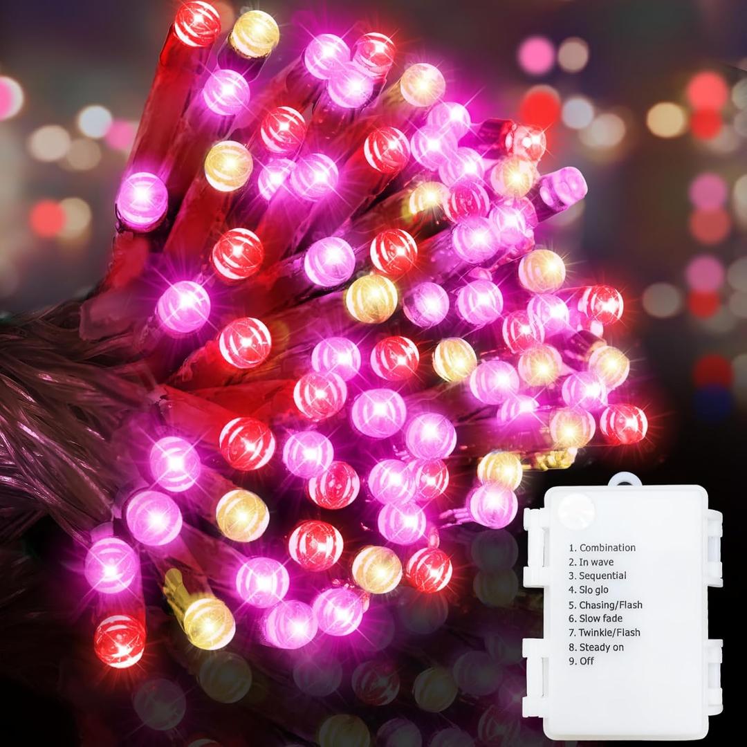 Timer & 8 Mode-33Ft 100LED Valentines Day Decorations Red Pink White Valentines Lights Battery Operated Waterproof Valentines String Lights Valentine Decor for Home Garden Wedding Party Outdoor Indoor