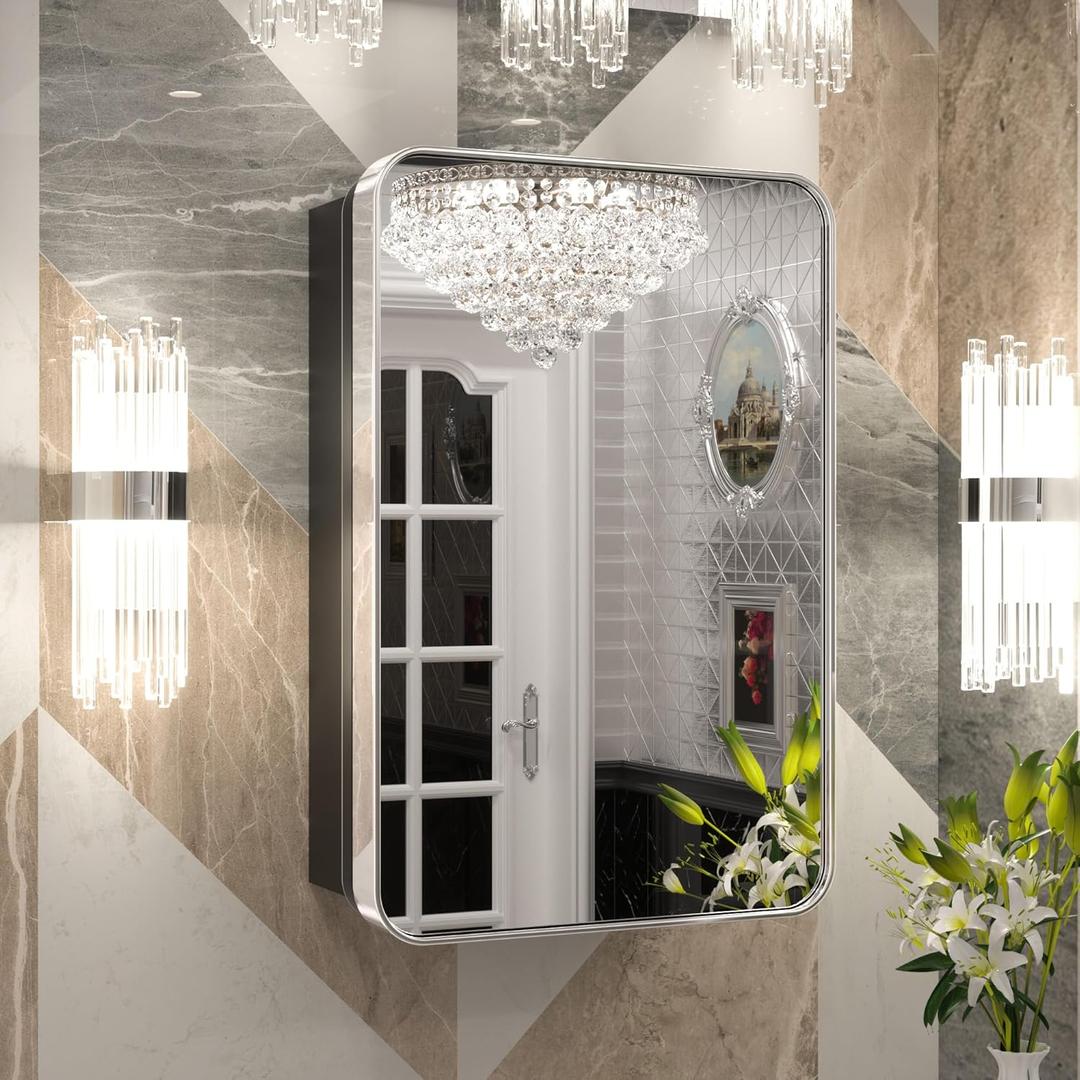 Keonjinn Chrome Medicine Cabinet Mirror 16 x 24 Inch, Recessed Medicine Cabinet for Bathroom, Elegant Stainless Steel Framed, Adjustable Shelves, in Wall or Surface Mount, Soft Closing, Modern Style