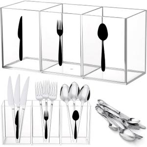 Suzile Acrylic Cutlery Storage Organizer Bin Silverware Caddy Countertop Knife Spoon and Fork Holder Kitchen 3 Section Tableware Storage Box for Cabinet Indoor Home Flatware Dining Room (Clear, M)