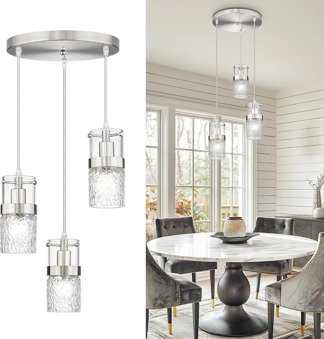 LMS 3Light Brushed Nickel Cluster Pendant Light, Modern Dining Room Light Fixture with Hammered Glass, Hanging Chandelier Lighting for Dining Room, Kitchen Island, Bedroom, LMS198