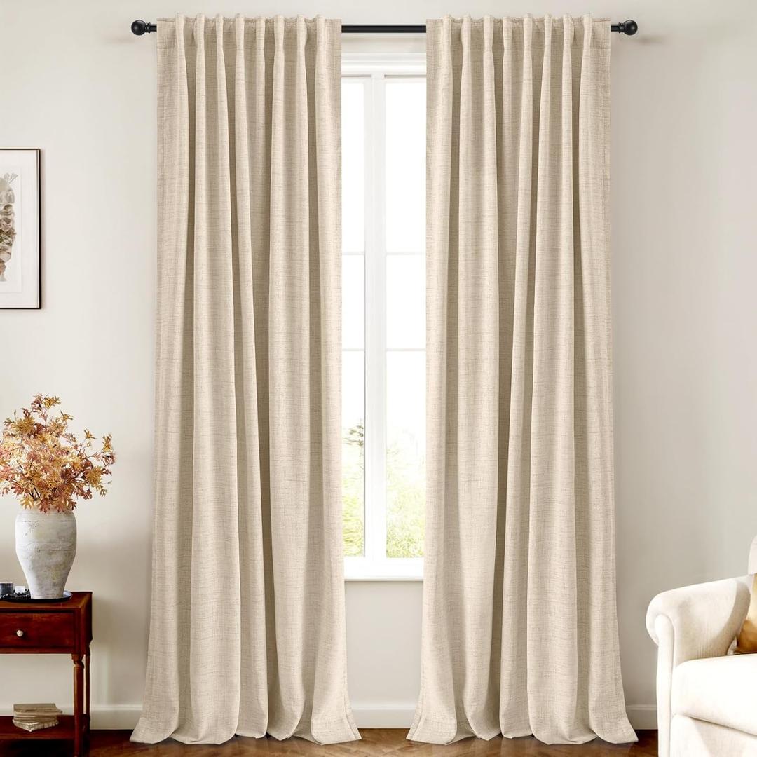 INOVADAY 100% Blackout Curtains 90 Inches Length 2 Panels Set, Back Tab/Rod Pocket Linen Black Out Curtains for Bedroom, Thermal Insulated Window Drapes - Oatmeal, W50 X L90