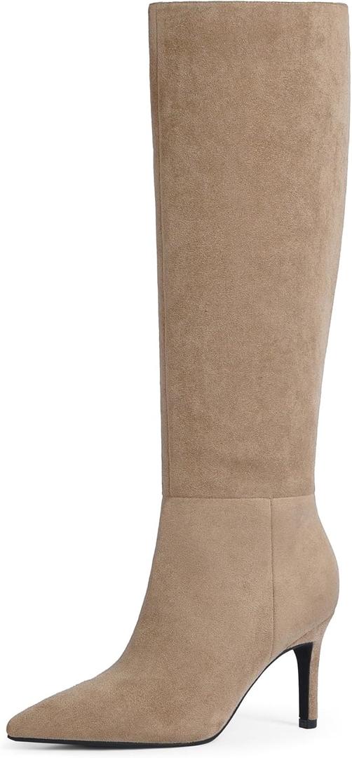 Knee High Boots Women Pointed Toe Tall Boots 3 In Stiletto High Heel Long Boots Side Zipper Dress Knee High Boots (8, Tan Suede)